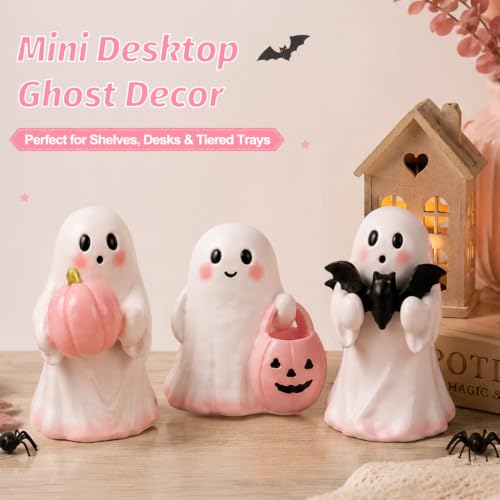 Pink Halloween Ghost Decor Set - 3 Mini Resin Figurines with Pumpkin Bat and Candy Bowl