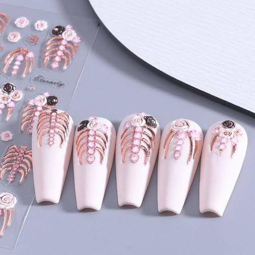 Halloween Skeleton Nail Stickers - White Hand & Rose Gold Bone Design - Variation 15