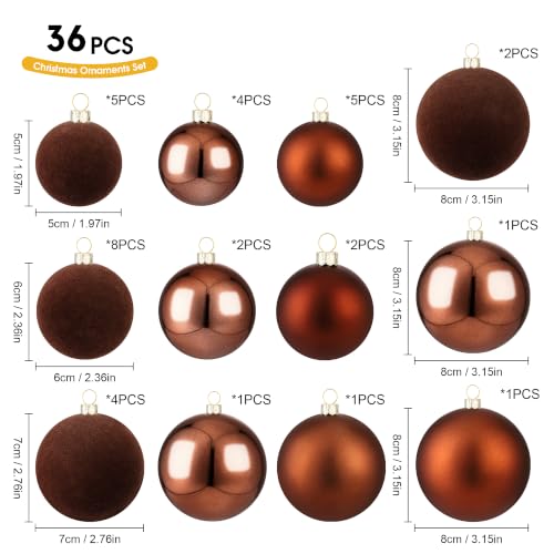 Velvet Christmas Ball Ornaments Set - 36 Shatterproof Holiday Decorations - Brown