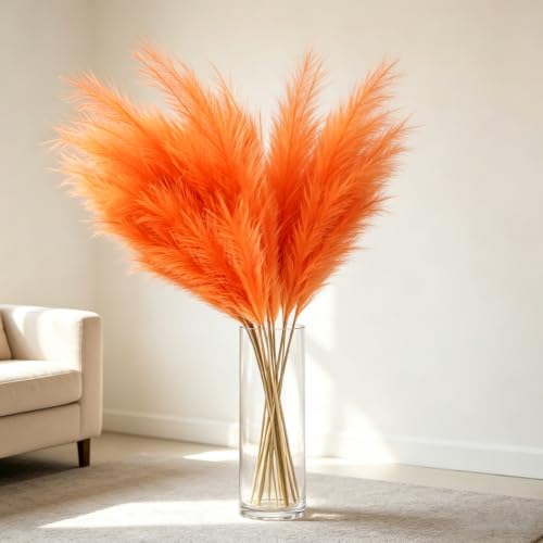 Orange Tall Faux Pampas Grass Decor - 8 Pieces, 45 Inch Halloween & Fall Arrangement