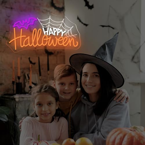 Happy Halloween Neon Sign - USB Powered Dimmable Spider Web Light for Wall Decor - Variation of SD-Happy Halloween