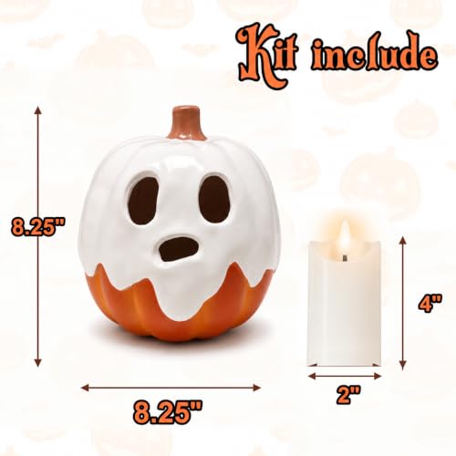Medium Ghost Pumpkin Halloween Decor with Flameless Candle - Indoor Outdoor Centerpiece