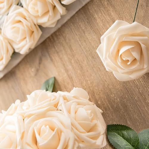 Artificial Roses for Wedding Bouquets - Champagne, 50 Stems - Realistic Fake Flowers for Decor & DIY Arrangements