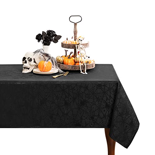 Halloween Tablecloth Black Spider Web Spillproof Fabric, Rectangular 60x84 Inch - Black / 84" x 60"