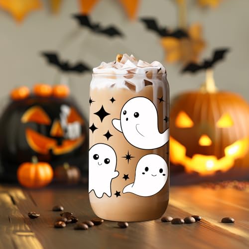 Halloween Ghost 16oz Tumbler Glass Cup with Lid & Straw - Spooky Drinkware
