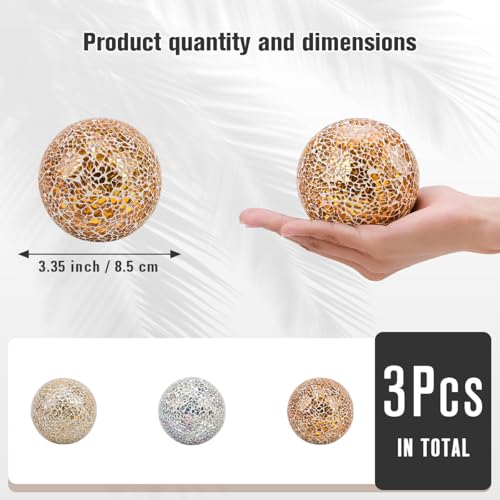 Decorative Mosaic Glass Balls Set - 3 Pcs 3.35 Inch Gold Silver Mix Colors