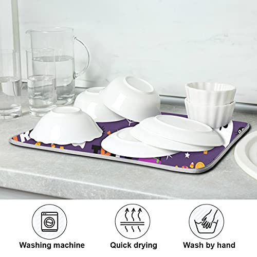 Halloween Purple Pumpkin Dish Drying Mat 16x18 Reversible Microfiber Kitchen Counter Accessory