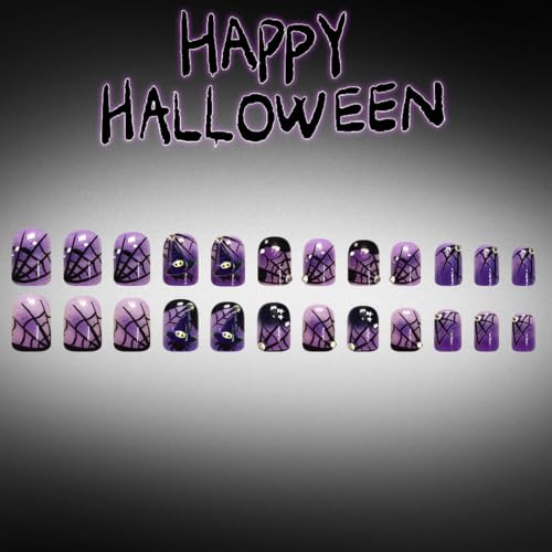 Halloween Short Square Press-On Nails with Spider Web Rhinestones - Purple Black, Reusable 24Pcs - Variation 26WSJ21