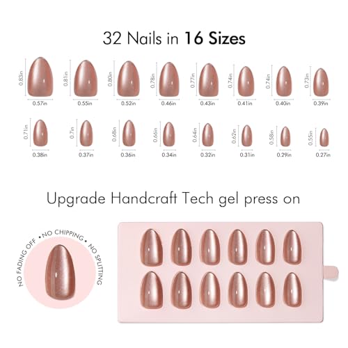 Short Almond Press-On Nails with Pink Cat Eye & Silver Tips - Coral Gleam Variation