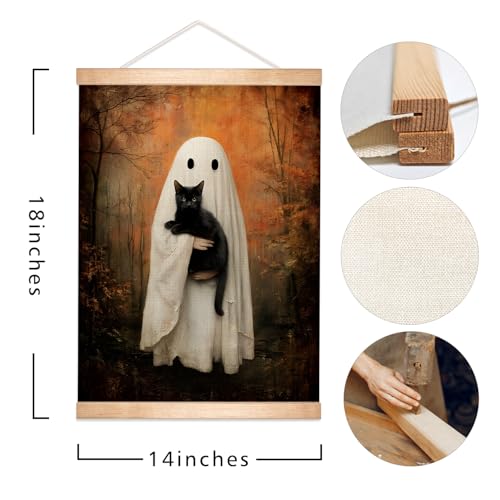 Gothic Ghost and Black Cat Wall Art Poster - Rustic Linen Canvas 18.5x14 Inch - Black Variation BLK05