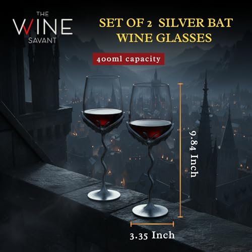 Set of 2 Silver Bat Stemmed Wine Glasses - Gothic Goblets for Halloween