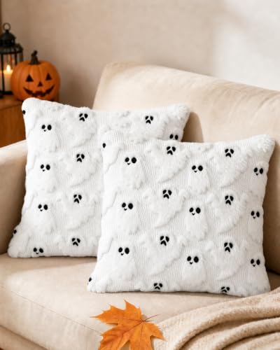 Halloween Faux Rabbit Fur Pillow Covers 18x18 - Ghost & Boo Design, Pack of 2 - Ghost White Variation