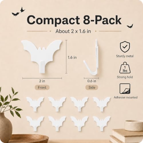 White Bat-Shaped Adhesive Wall Hooks - Set of 8 for Home & Office