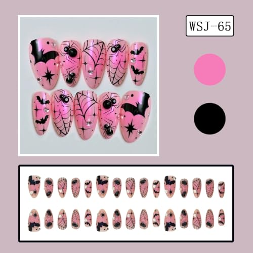 Halloween Press On Nails - Medium Almond Fake Nails with Bat & Spider Charms, 30pcs, Variation 27