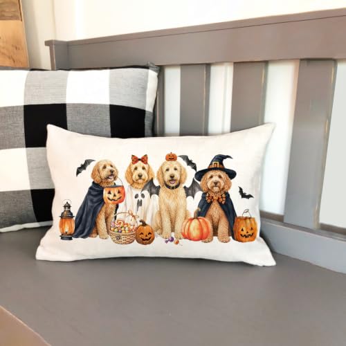 Halloween Pillow Cover 12x20 Ghost Witch Golden Poodle Variation Decorative Throw Pillowcase