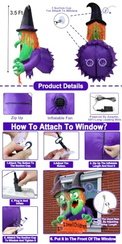 3.5 Ft Halloween Inflatable Witch with LED Lights & Window Mounting Kit