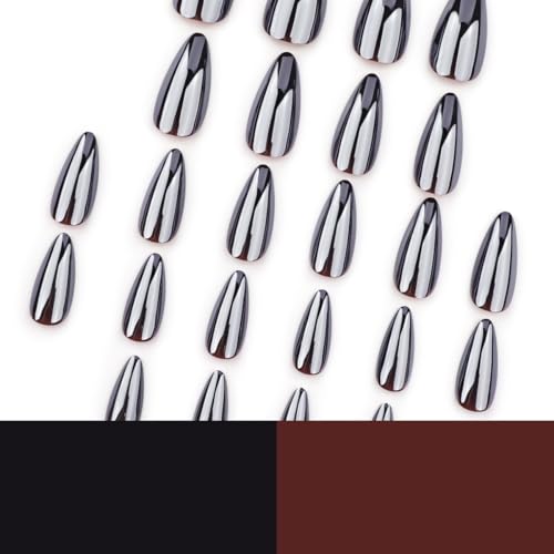 Black Chrome Almond Press On Nails - Medium False Nails with Design, Reusable Gel Adhesive, Style-18 / Style-A, 24 Pcs