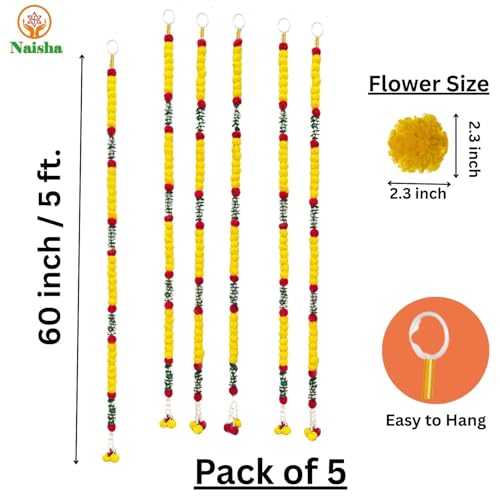 Artificial Marigold Garland 5 Pack - 5.8 Feet Decorative Hanging Garlands for Diwali, Weddings, Festive Events