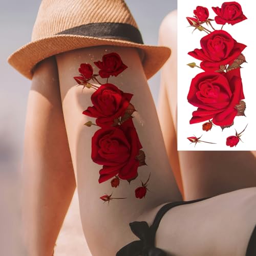 Large Red Rose Temporary Tattoos for Women - 10 Sheets, Waterproof & Long-Lasting, Arm & Thigh Body Art, Variation: Red Rose