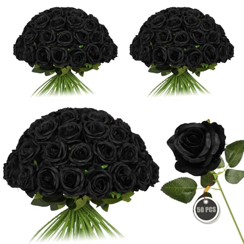 Black Artificial Silk Roses Set of 50 – Realistic Long Stem Flowers for Weddings & Decor