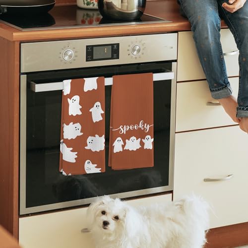 Halloween Ghost Kitchen Towels Set of 2 - Burnt Orange Fall Hand Dish Towels