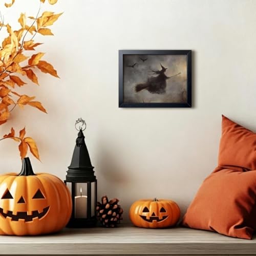Halloween Wall Art - Framed Witch Riding Broom Canvas Decor 8x10 Inch Variation C