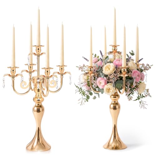 2pcs Gold 5-Arm Candelabra Centerpiece - Elegant Metal Candle Holders for Weddings & Events Variation of 5Arm / Gold / 2