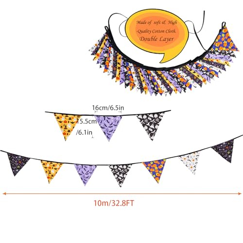 Halloween Pennant Banner Garland - 32Ft Fabric Triangle Flags for Party Decor - Black Orange Purple