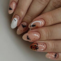 Pink Ghost Bat Halloween Almond Press On Nails - Medium Glitter Pumpkin Fake Nails with Designs