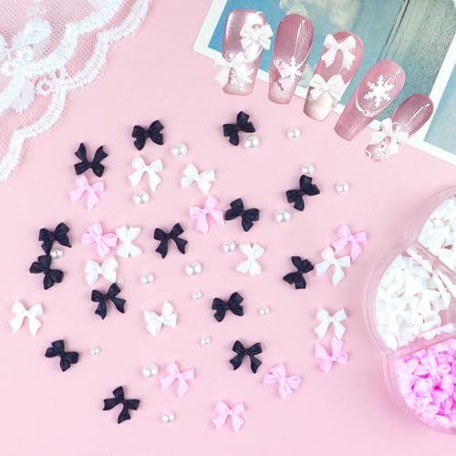 300PCS Nail Art Charms Set with 3D Bow & Flatback Pearls for Manicure DIY