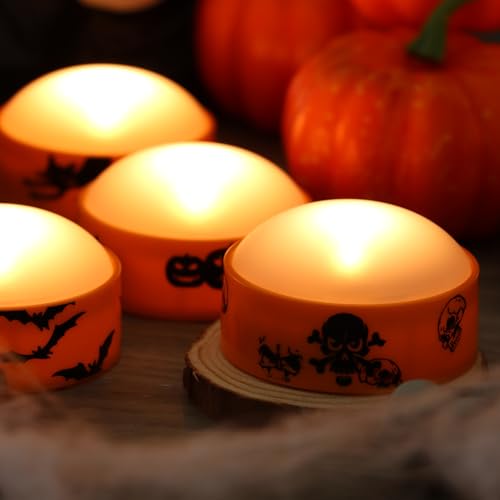 Halloween Battery LED Jack-O-Lantern Pumpkin Lights with Remote & Decals - Orange, 4 Pack