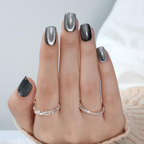 SEEWEE Cat Eye Black Press On Nails Short Square - Silver Nocturne Variation