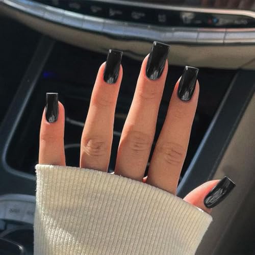 Black Glossy Medium Long Square Press On Nails for Women - Fake Acrylic Nail Set