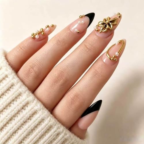 Black Gold Medium Almond Press-On Nails with French Tips & 3D Flowers - Variation of Black and Gold