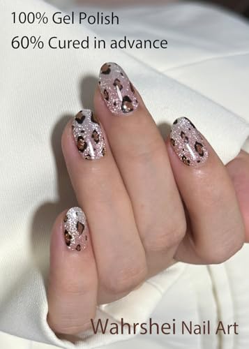 Semi Cured Gel Nail Strips - Leopard Cat Eye 20pcs UV Nail Wraps for DIY Manicure