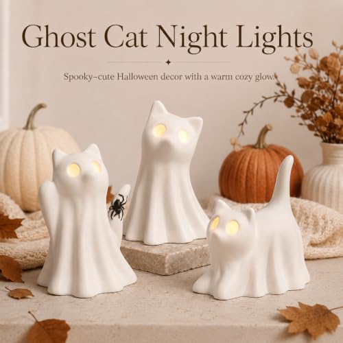 3-Pack Ceramic Ghost Cat Halloween Figurines - Indoor Tabletop Decor