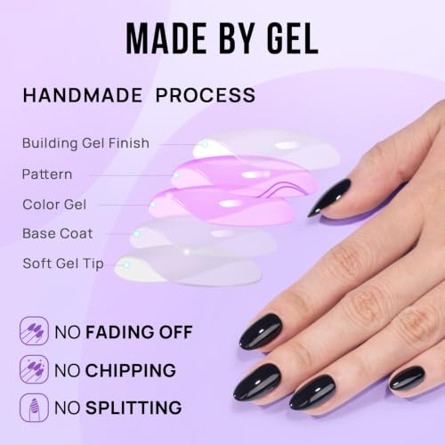 Press On Nails Short Almond Black Fake Nails Kit - Black Velvet Variation