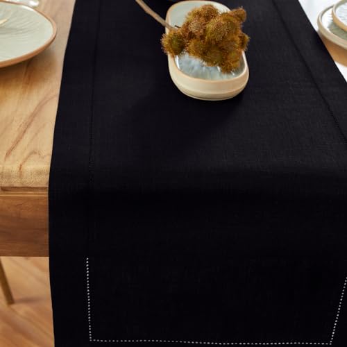 Pure Linen Table Runner Black 14 x 120 Inches - Medium Weight, Handcrafted