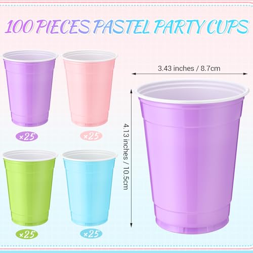 Pastel Rainbow 12oz Plastic Party Cups - 100 Pack, Bulk Disposable Cups
