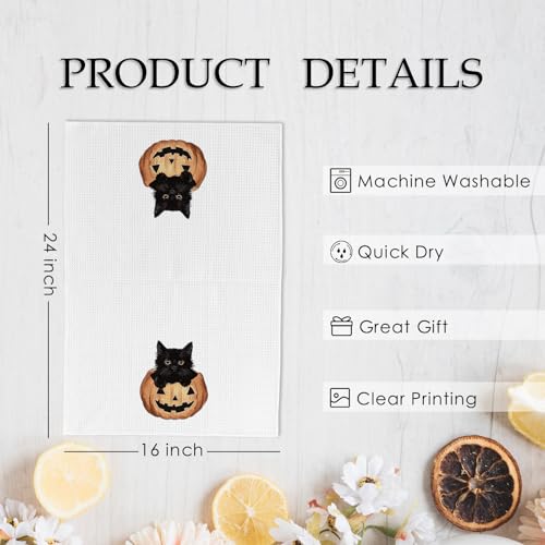 Halloween Black Cat Kitchen Towels - Gothic Fall Spooky Pumpkin Decor - 16x24 Inches - Black Cat Variation