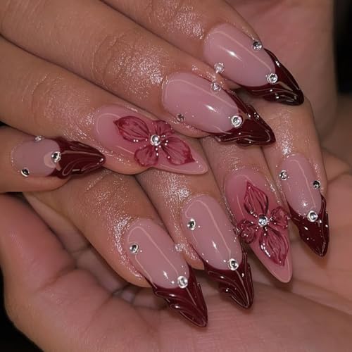 French Tip Press-On Nails Almond Medium with 3D Flowers - Style4