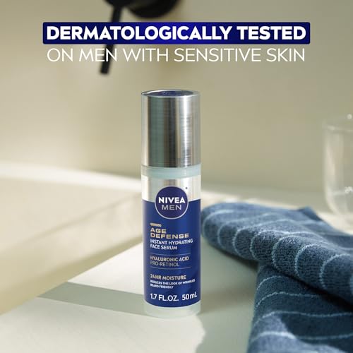 NIVEA MEN Age Defense Instant Hydrating Face Serum for Dry Skin, With Pro-Retinol and Hyaluronic Acid, Facial Serum Helps Reduce Look of Fine Lines and Wrinkles, 1.7 Fl Oz Bottle