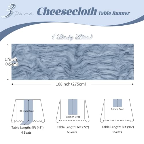 3 Pack Dusty Blue Cheesecloth Table Runner 17x108 Inch for Wedding Party Home Decor