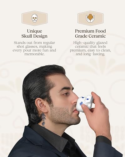 White & Blue Skull Shot Glasses Set of 4 - Día de los Muertos Handcrafted Ceramic Skull Glasses 2oz