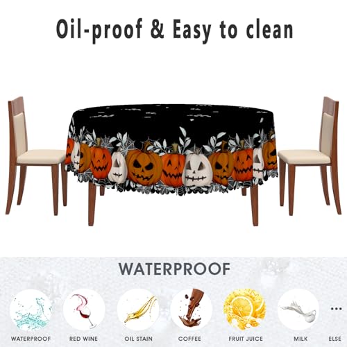 Halloween Round Tablecloth 70 Inch Black and Orange Spooky Pumpkin & Web Design Waterproof Fabric