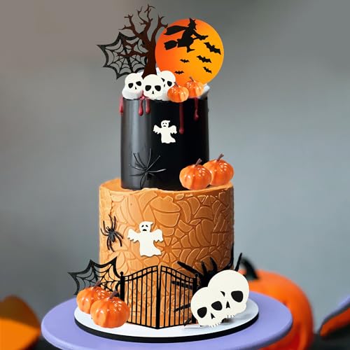 Halloween Cake Toppers Set - Moon Ghost Pumpkin Skull Web Decorations - Style 01