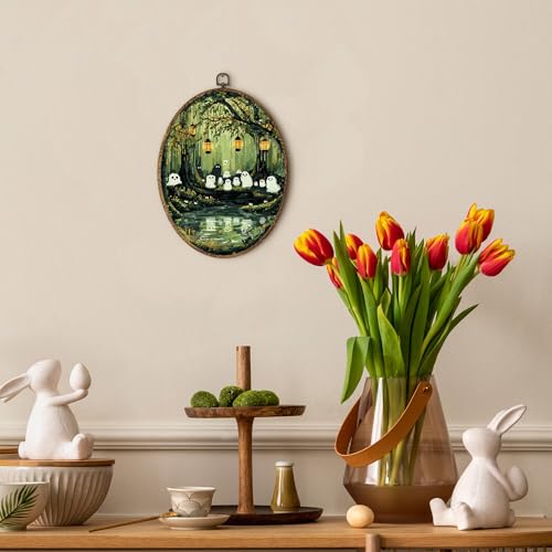 Ghost Oval Wall Art Decor - Halloween Pixel Art Canvas Print - Variation Ghost_16