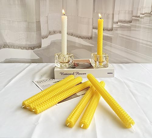 Lacaser Beeswax Tapered Candles Set - Yellow, Unscented, 12pcs, 9" Handrolled Dripless Dinner Table Decor