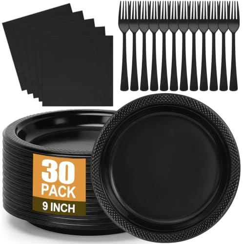 Black Plastic Dinner Plate Set - 30 Pack 9-Inch Disposable Plates & Napkins - Black / 30 Set