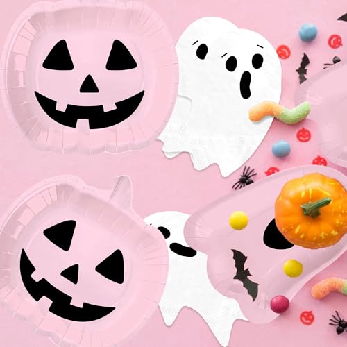 Pink Pumpkin Ghost Halloween Paper Plates Napkins Party Tableware Set - 100pcs (Variation: Pink Pumpkin)